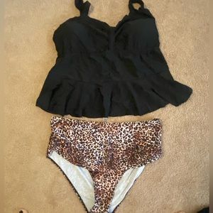 2 piece black and leopard bathing suit